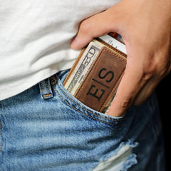 Slim Personalized Leather RFID Wallet, Money Clip Leather Wallet, Engraved Money Clip RFID Slim Wallet, Engraved Leather Custom Wallet, 5 Card Slots, Anniversary Gift For Him, Husband, Boyfriend, Men, Father, Dad, light brown, dark brown